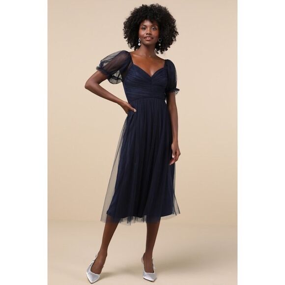 Lulus Glorious Chicness Navy Tulle Pleated Puff Sleeve Midi Dress Medium New - Picture 1 of 13